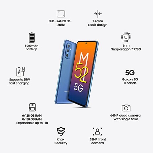 Samsung Galaxy M52 5G (ICY Blue, 8GB RAM, 128GB Storage) Latest Snapdragon 778G 5G | sAMOLED 120Hz Display