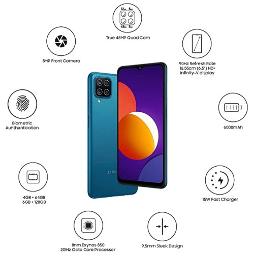 Samsung Galaxy M12 (Blue,4GB RAM, 64GB Storage) 6000 mAh with 8nm Processor | True 48 MP Quad Camera | 90Hz Refresh Rate