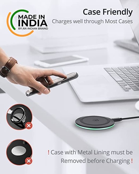 RAEGR Arc 500 [Made in India] Type-C PD Qi-Certified 10W/7.5W Wireless Charger with Fireproof ABS
