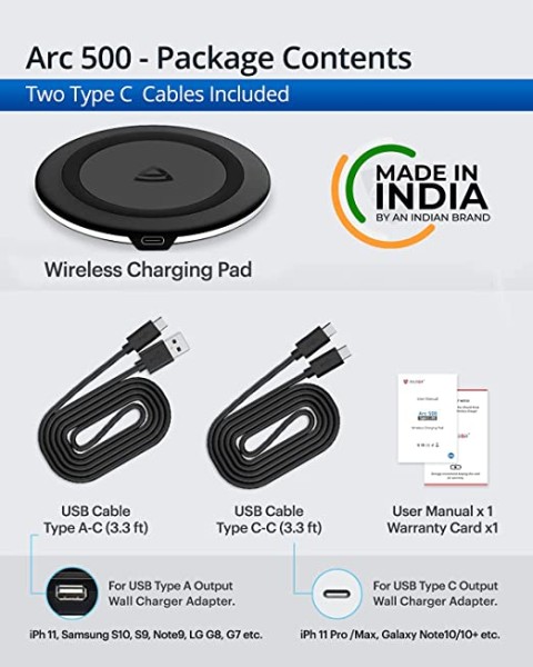 RAEGR Arc 500 [Made in India] Type-C PD Qi-Certified 10W/7.5W Wireless Charger with Fireproof ABS