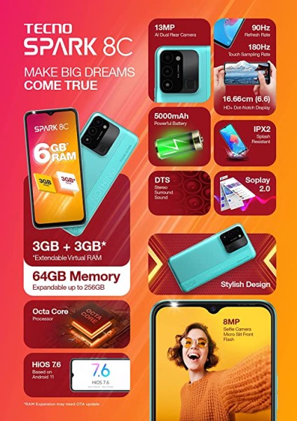 Tecno Spark 8C Turquoise Cyan (3GB+64GB) | Upto 6GB RAM |90Hz Refresh Rate |6.6" HD+ Display | 5000mAh |13MP Dual Camera| IPX2 Splash Resistant
