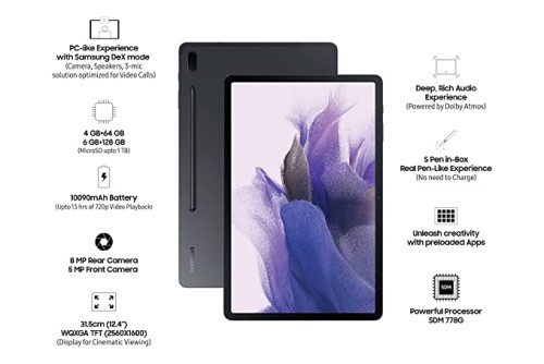 Samsung Galaxy Tab S7 FE 31.5 cm (12.4 inch) Slim Metal Body, Dolby Atmos Sound, S-Pen in Box, RAM 4 GB, ROM 64 GB Expandable, Mystic Black