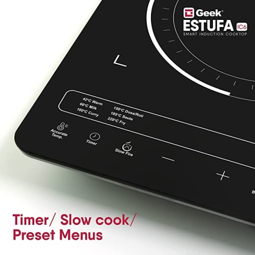 Geek Glass Estufa IC6 2200W Smart Induction Cooktop with 7 Preset Menus and Feather Touch Control, Black.