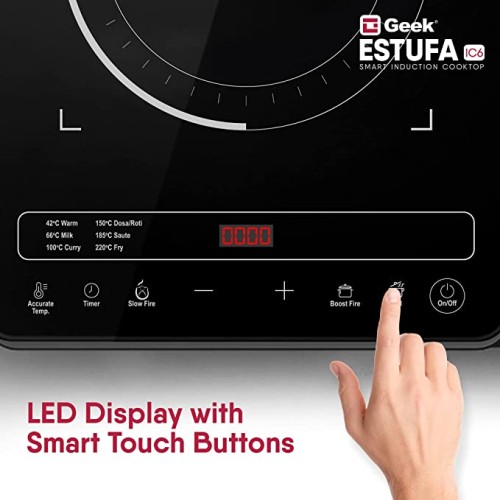 Geek Glass Estufa IC6 2200W Smart Induction Cooktop with 7 Preset Menus and Feather Touch Control, Black.