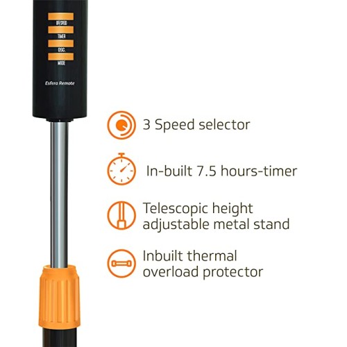 V-Guard Esfera Pedestal Fan with Remote and Timer; Speed: 1300 RPM, Sweep: 400mm and Power Consumption: 52W (Orange, Black)