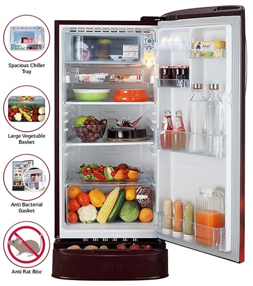 LG 190 L 4 Star Inverter Direct-Cool Single Door Refrigerator (GL-D201ASCY, Scarlet Charm, Base stand with Drawer)