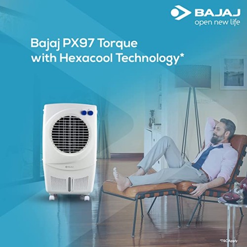 Bajaj PX 97 Torque New 36L Personal Air Cooler with Honeycomb Pads, Turbo Fan Technology, Powerful Air Throw and 3-Speed Control, White