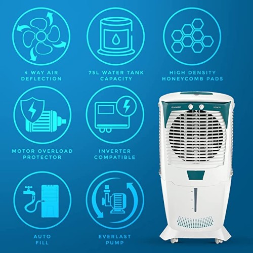 Crompton Ozone Desert Air Cooler- 75L; with Everlast Pump, Auto Fill, 4-Way Air Deflection and High Density Honeycomb pads; White & Teal