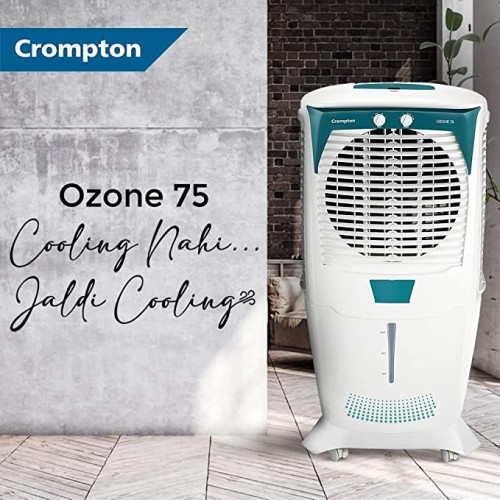 Crompton Ozone Desert Air Cooler- 75L; with Everlast Pump, Auto Fill, 4-Way Air Deflection and High Density Honeycomb pads; White & Teal