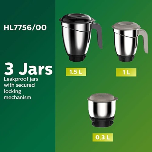 Philips HL7756/00 Mixer Grinder, 750W, 3 Jars (Black)