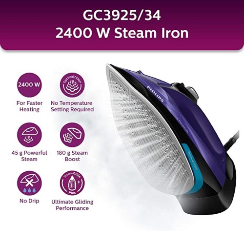 PHILIPS Perfect Care Power Life Steam Iron GC3925/34, 2400W, up to 45 g/min steam Output, Opti Temp Technology, Steam Glide Plus Soleplate, Drip-Stop and Safety Shut-Off with No-Burns Guaranteed