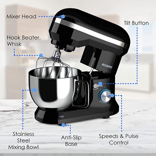 AGARO Royal Stand 1000W Mixer with 5L SS Bowl and 8 Speed Setting, Includes Whisking Cone, Mixing Beater & Dough Hook, and Splash Guard, 2 Years Warranty, (Black), Medium (33554)