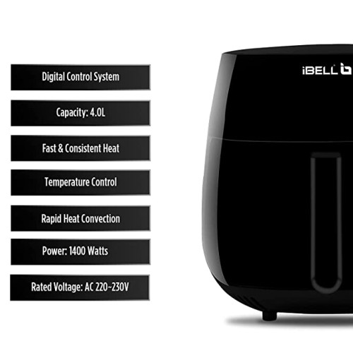 IBELL AF40BH 4 L 1400W Air Fryer with 7 Cooking Presets, Smart Rapid Air Technology, Timer Function with Automatic Switch-off & Fully Adjustable Temperature Control (Black)