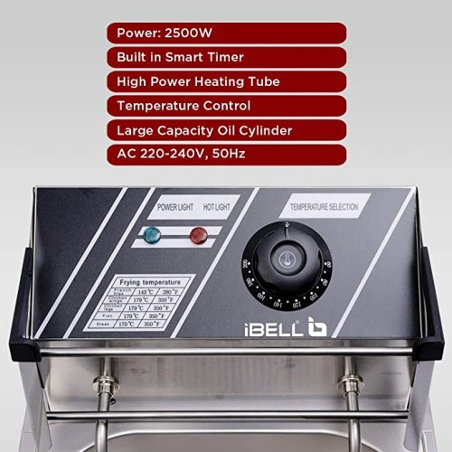 iBELL DF610PPLUS 6 Litre Stainless Steel 2500W Electric Deep Fryer with Variable Temperature Control, Silver