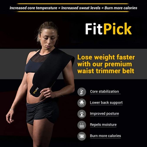FIT PICK Sweat Belt for Men and Women| Stomach Belt Non-Tearable Neoprene Body Shaper wear, One Size Fits All Black