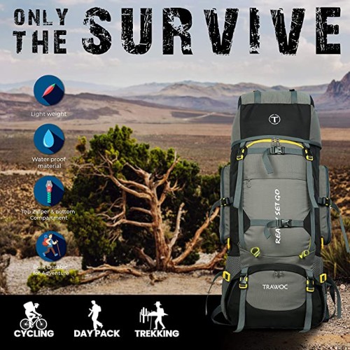 TRAWOC 80L Travel Backpack for Outdoor Sport Camp Hiking Trekking Bag Camping Rucksack HK007 (Grey) 1 Year Warranty