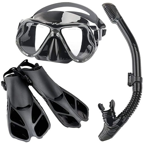 Verana Mask Fin Snorkel Set with Adult Snorkeling Gear, Panoramic View Diving Mask, Trek Fin, Dry Top Snorkel +Travel Bags, Snorkel for Lap Swimming (Black)