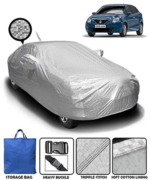 Product Fabtec Waterproof Car Body Cover with Mirror and Antenna Pocket and Soft Cotton Lining (Full Bottom Elastic Triple Stitched) (Metallic Silver) (for Maruti Baleno)Name here