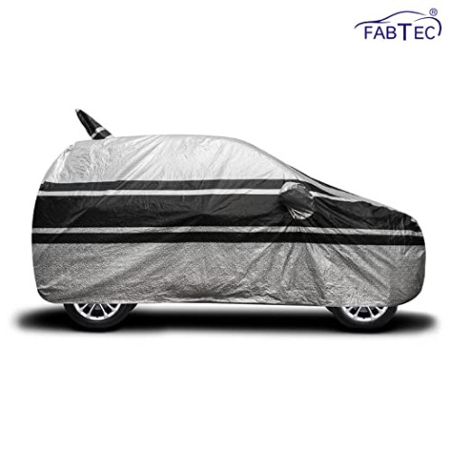 Fabtec Waterproof Car Body Cover Compatible with Maruti Dzire (2012-2016) with Mirror and Antenna Pocket and Soft Cotton Lining Full Bottom Elastic Triple Stitched (Metallic Silver with Black Stripes)