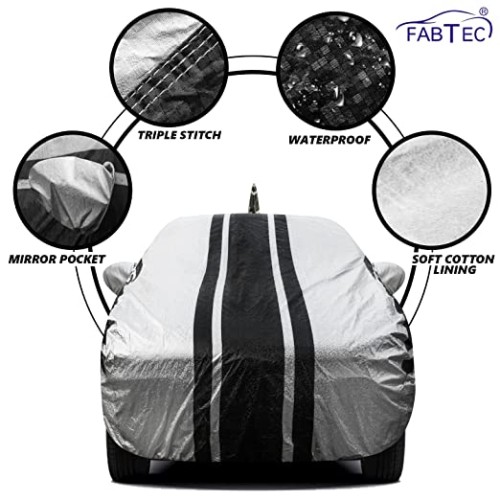 Fabtec Waterproof Car Body Cover Compatible with Maruti Dzire (2012-2016) with Mirror and Antenna Pocket and Soft Cotton Lining Full Bottom Elastic Triple Stitched (Metallic Silver with Black Stripes)