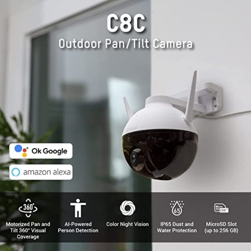 EZVIZ by Hikvision|C8C Outdoor WiFi 1080p Motorized Pan/Tilt Camera,Color Night Vision, Dust and Water Protection, BuiltIn MicroSD Card Slot(Upto 256GB),Supports Google Assistant & Alexa.