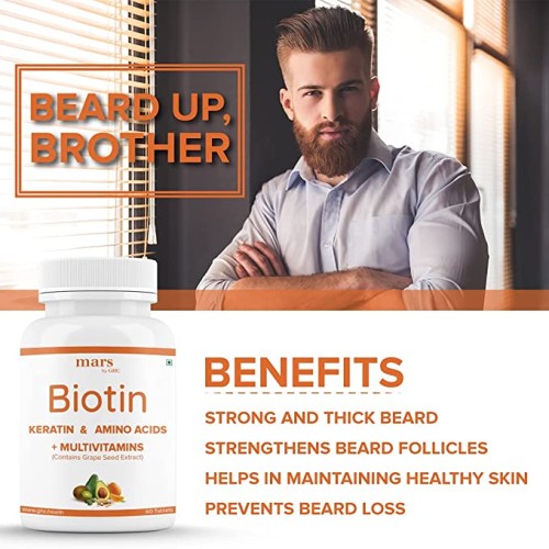 mars by GHC Biotin Tablets For Beard Growth, Vitamin A, Vitamin E, Vitamin B7, Keratin, Amino Acids, Healthy Beard Growth (pack of 2)