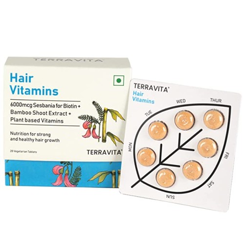 TERRAVITA Hair Vitamins (for Men & Women)| Plant based Biotin, Bamboo Shoot, All Natural Vitamins A, C, D, E | For stronger hair and healthier scalp, hairfall control | Certified Clean and Vegan (28 tablets)